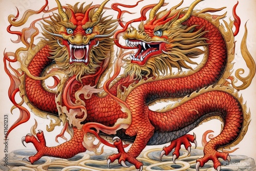 Wallpaper Mural Vibrant Red and Gold: Traditional Chinese Dragon Drawing with Serpentine Form and Cultural Symbolism, generative AI Torontodigital.ca