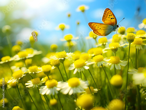 Butterfly pollinating on yellow flowers © Studiomann