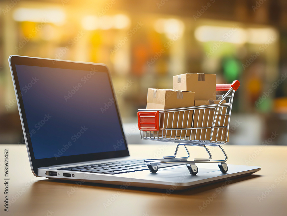 Online shopping e-commerce and customer experience concept: cashiers with shopping cart on a laptop keyboard, depict shopper consumers buy or purchase goods and services at home or office