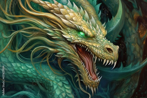 Fiery Flames and Glistening Scales: Captivating Dragon Drawings in Shades of Emerald and Gold, generative AI
