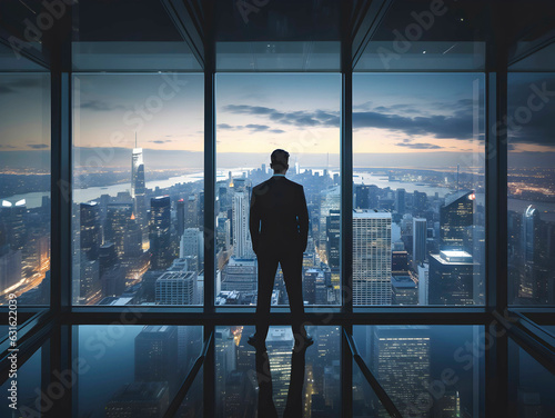 Vision concept. Successful Businessman Standing With Hands Crossed On Chest, On Top Of Building And Looking Through Cityscape Skyline Night Light.