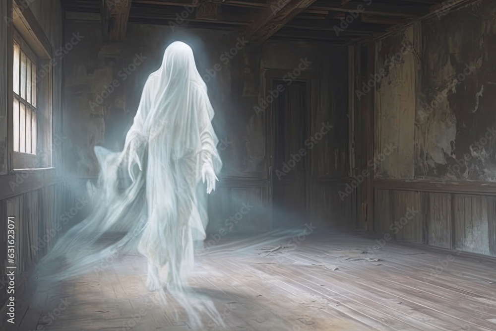 Ethereal Ghostly Figure: Haunting and Mystical Drawings of a Drifting Presence in Abandoned Hallways, generative AI