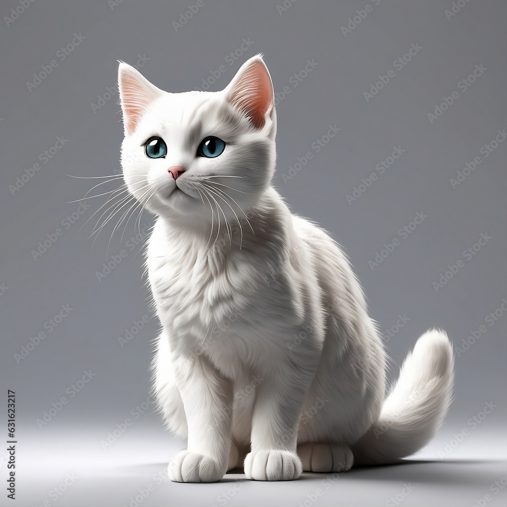 White cat with blue eyes sitting on gray background. 3D rendering.