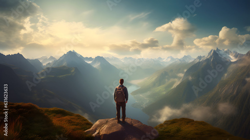 Hiker with backpack standing on top of a mountain and looking at the valley. © Prasanth