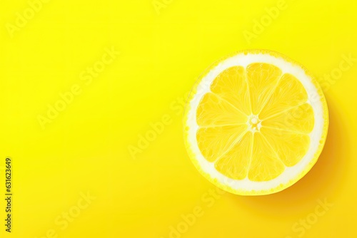 Slice of lemon on yellow background. Top view with copy space for your text
