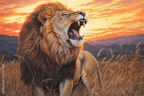 Powerful Lion: A Majestic Roar on a Sunlit Savanna Drawing, generative AI
