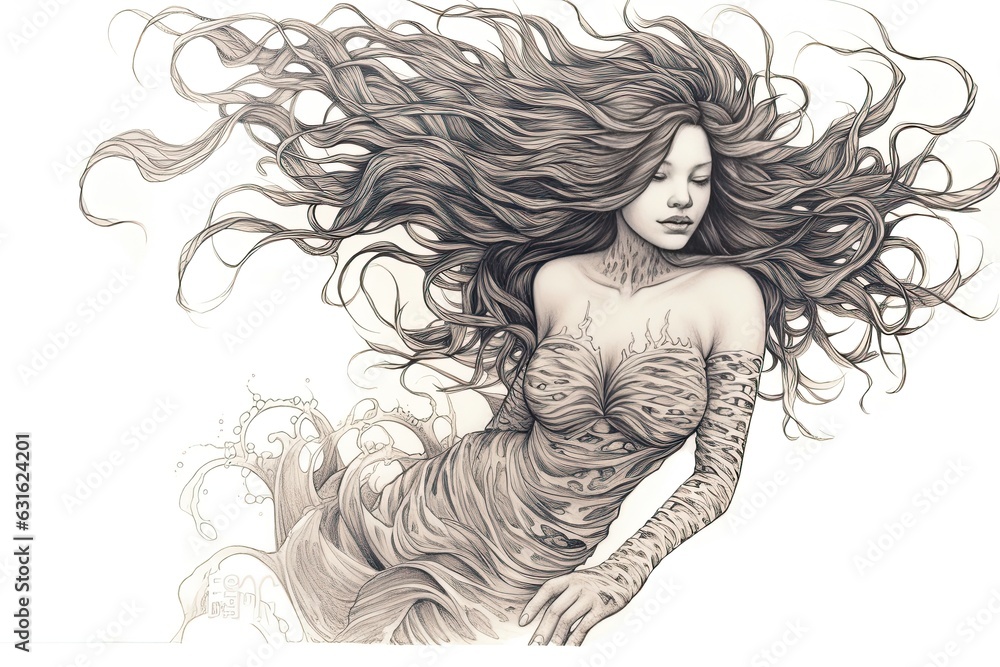 Graceful Mermaid with Flowing Hair: A Dive into the Depths of Imagination through Drawing., generative AI Graceful Mermaid with Flowing Hair: A Dive into the Depths of Imagination through Drawing., generative AI