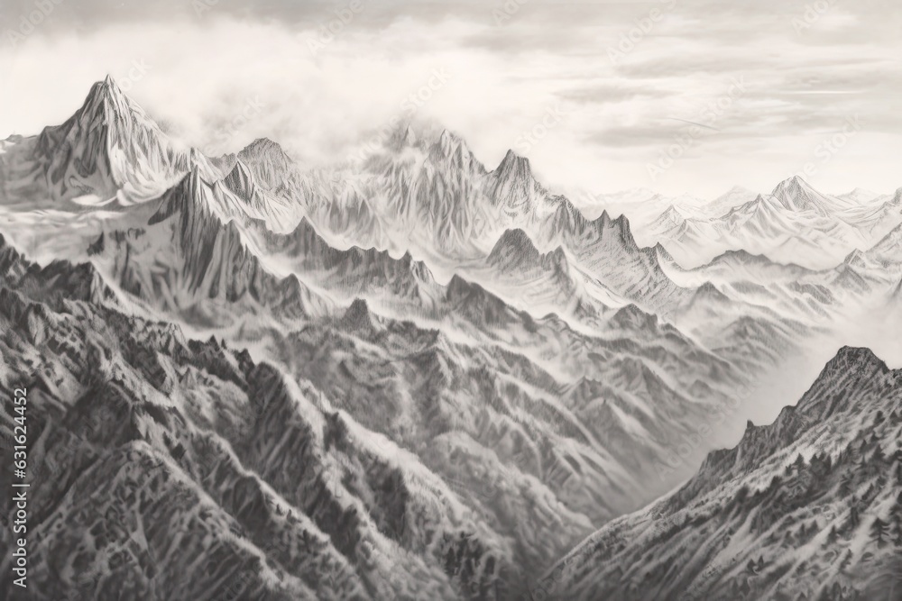 Snow-Capped Peaks: A Majestic Mountain Range, Stoic and Towering in the Distance - A Stunning Drawing of Mountains, generative AI