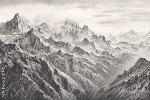 Snow-Capped Peaks: A Majestic Mountain Range, Stoic and Towering in the Distance - A Stunning Drawing of Mountains, generative AI © Michael