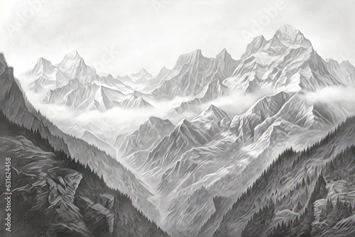 Snow-Capped Peaks: A Majestic and Towering Mountain Range in the Distance - A Drawing, generative AI