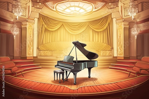 Elegant Grand Piano in a Lavish Concert Hall: A Stunning Piano Drawing with Fingers Gliding over the Ivory Keys, generative AI