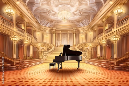 Lavish Concert Hall: Elegant Grand Piano Drawing with Fingers Gliding over Ivory Keys, generative AI