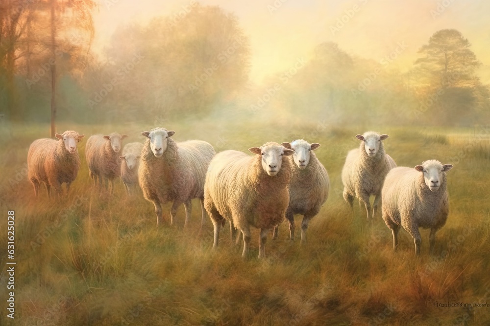 Peaceful Countryside: A Tranquil and Harmonious Flock of Fluffy Sheep Grazing, generative AI Peaceful Countryside: A Tranquil and Harmonious Flock of Fluffy Sheep Grazing, generative AI