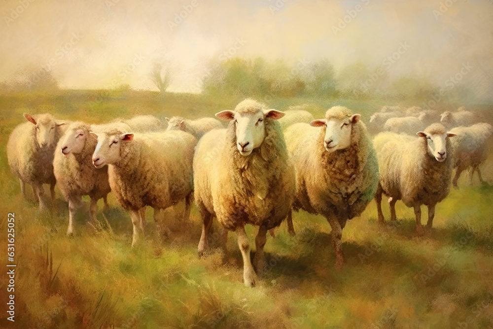 Fototapeta premium Peaceful Countryside: Tranquil and Harmonious Flock of Fluffy Sheep Grazing, generative AI