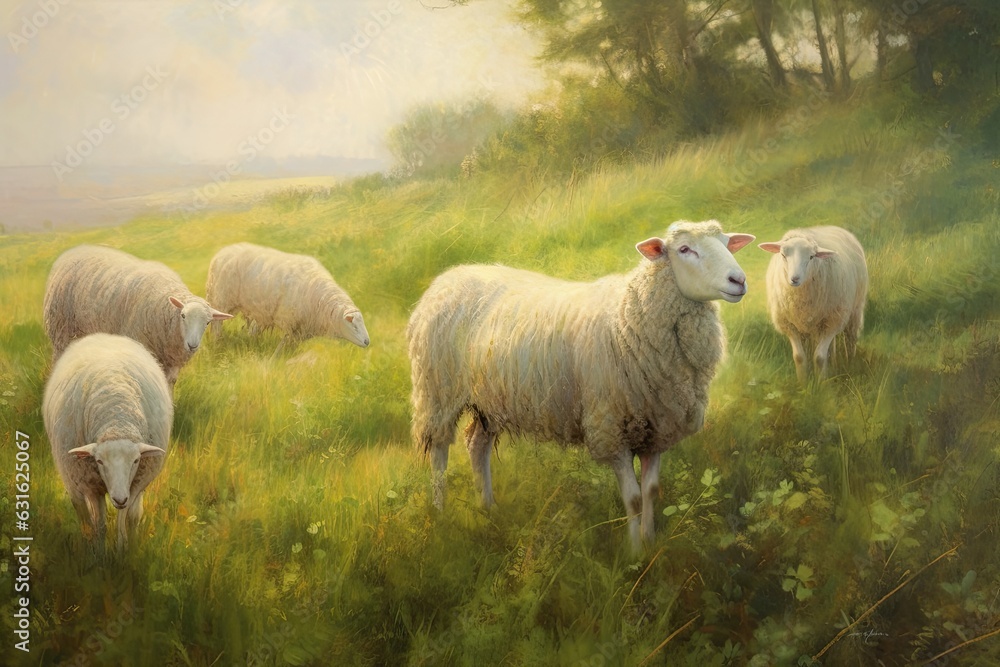 Verdant Meadow Serene Countryside: Flock of Fluffy White Sheep Grazing, generative AI