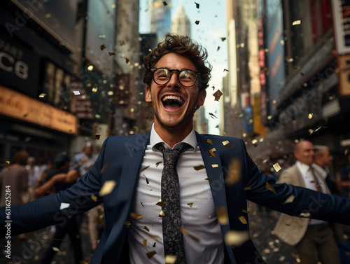 A jubilant businessperson in a suit showers downtown streets with confetti, celebrating success and spreading exuberance. Generative AI