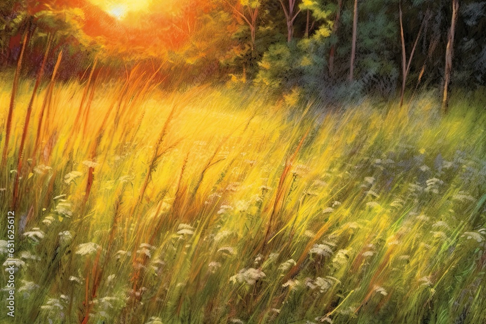 Radiant Sun Drawing: Golden Rays of Warmth Illuminate a Peaceful Meadow with Serenity, generative AI