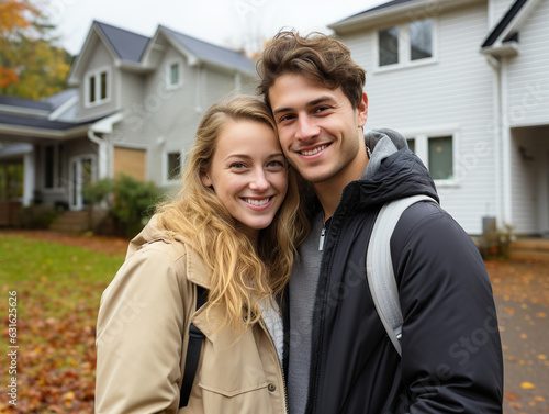 A joyful young couple stands before their new home, excitement and anticipation radiating from their smiles as they embark on this new chapter together. Generative AI