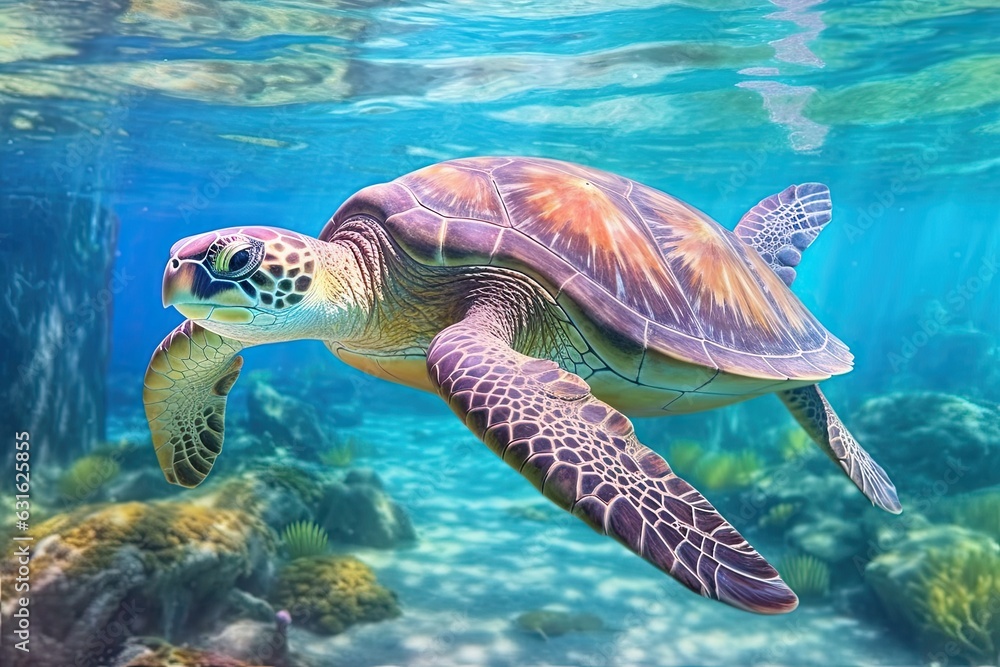 Peaceful Sea Turtle: Gliding Through Crystal Clear Waters in a Coral Reef Haven - Unique Turtle Drawing, generative AI Peaceful Sea Turtle: Gliding Through Crystal Clear Waters in a Coral Reef Haven - Unique Turtle Drawing, generative AI