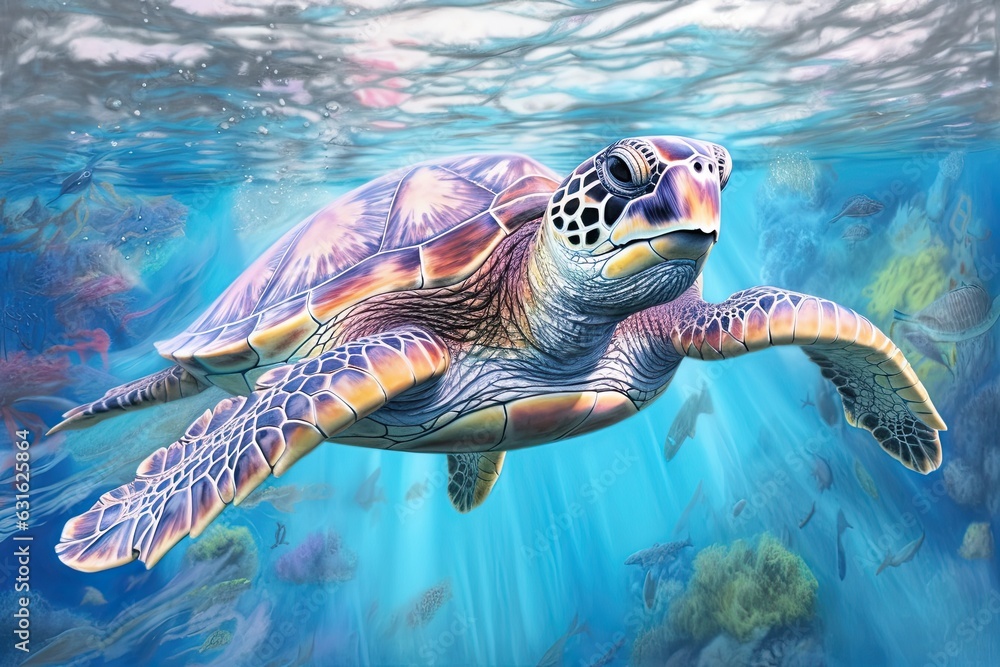 Obraz premium Tranquility and Grace: Serene Sea Turtle Gliding through Crystal Clear Waters in a Coral Reef Paradise, generative AI