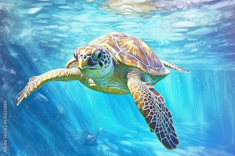 Obraz premium Tranquility and Grace: Serene Sea Turtle Gliding through Crystal Clear Waters in a Coral Reef Paradise, generative AI