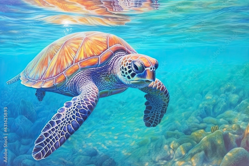 Fototapeta premium Tranquility and Grace: A Serene Sea Turtle Gliding through Turquoise Waters in a Coral Reef Paradise, generative AI