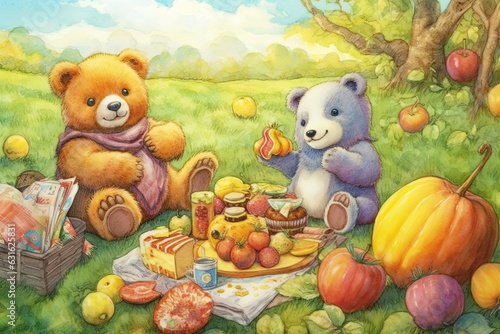 Picnic in a Sunny Meadow: Giggles and Friendship with a Sweet Teddy Bear Drawing, generative AI © Michael