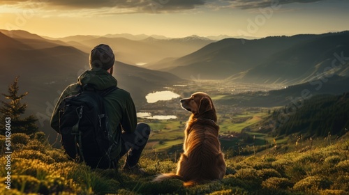 friendship concept picture of a man and his dog travel together at beautiful mountain range. © ANEK