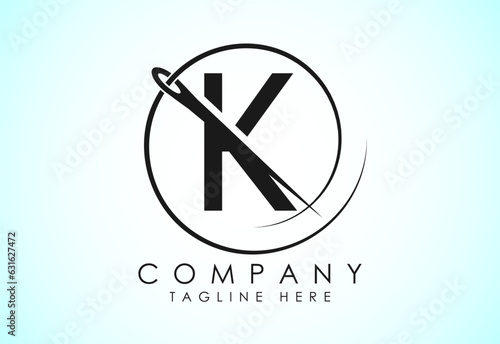 English alphabet K with sewing needle and thread Icon. Tailoring logo design concept.