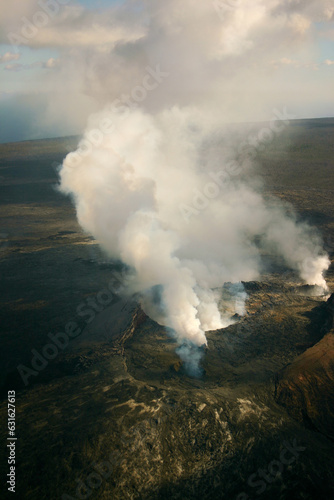 Kilauea volcano aerial view of national park and caldera fume