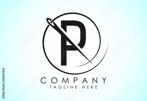English alphabet P with sewing needle and thread Icon. Tailoring logo design concept.