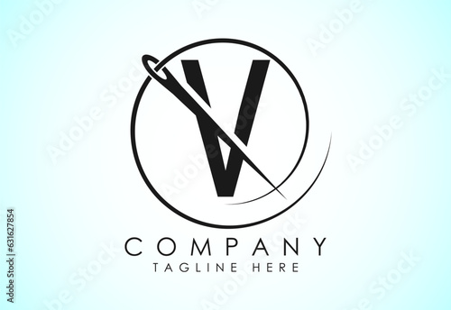 English alphabet V with sewing needle and thread Icon. Tailoring logo design concept.