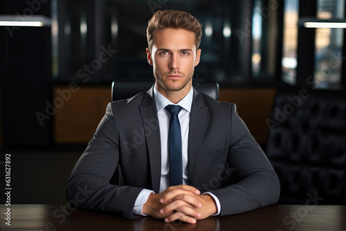 A portrait of a businessman with a serious expression. He is wearing a suit and tie and is sitting at a desk in his office and he has a determined look on his face