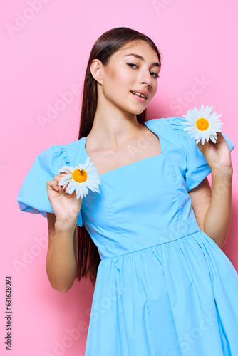 flower woman dress blue camomile clothing fashion pink smile studio young