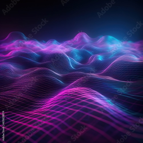 Futuristic background with pink, violet, blue neon glowing landscape © StasySin