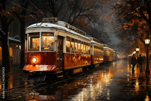 The tram rides along the autumn street of the old city. Atmospheric autumn illustration with a tram, ai generated