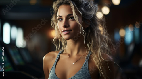 Portrait of beautiful woman working out at gym, running on treadmill and doing fitness exercises. healthy concept made with AI generative technology © The Picture House