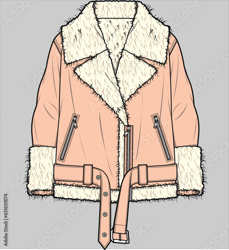 SHEARLING COLLAR LONG LENGTH JACKET WITH PLUSH TRIMS DESIGNED FOR WOMEN AND YOUNG WOMEN IN VECTOR ILLUSTRATION