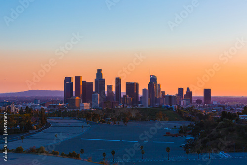 Konstfotografi Downtown Los Angeles City Skyline with Dodgers Stadium