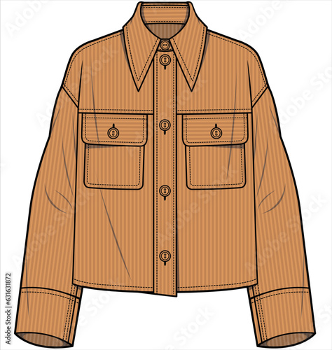 UNISEX SHACKET WITH STYLISED COLLAR AND LARGE POCKETS DETAIL IN CORDUROY FABRIC DESIGNED FOR MEN AND WOMEN IN VECTOR ILLUSTRATION