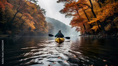 A tranquil kayaking adventure down a serene autumn river, surrounded by nature's colorful embrace and a sense of calm serenity. Generative AI