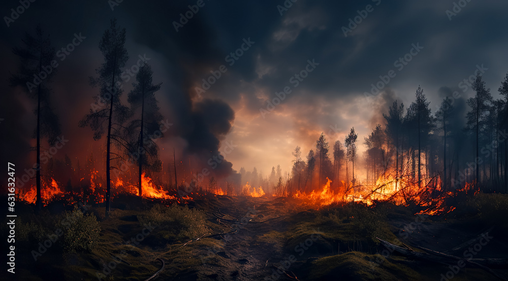 Intense flames from a massive forest fire. Flames light up the night as they rage thru pine forests and sage brush. digital ai