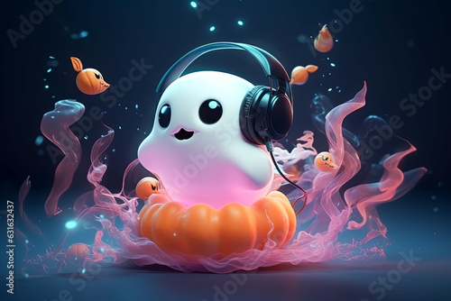 Illustration of fairy cute fanny ghost in headphones. Halloween concept