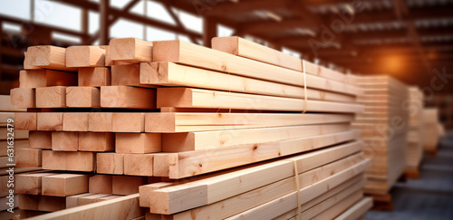 Wooden boards, lumber, industrial wood, timber. Pine wood timber, digital ai