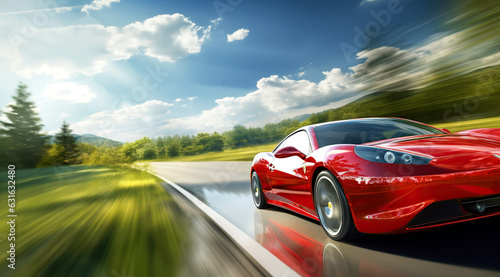 Red Business car on high speed in turn. Super car rushing along a high-speed highway with motion speed in sunny day. digital ai © Viks_jin