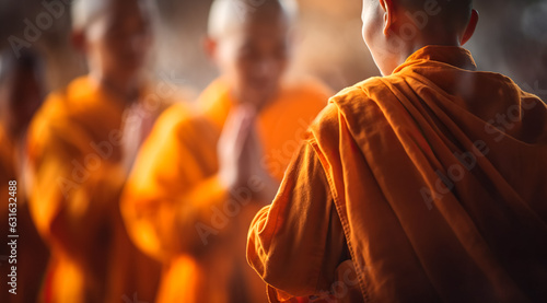 close up monks, buddhist holy day, thai buddhist monk ordination ceremony wallpaper background concept, digital ai