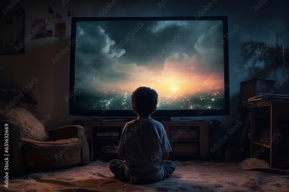 Little boy sitting in front of tv set screen in dark room. Child watching tv. Gamer playing video game. Children addiction Little boy sitting in front of tv set screen in dark room. Child watching tv. Gamer playing video game. Children addiction