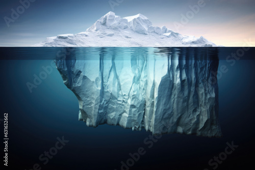 Iceberg with hidden part under water in ocean. Concept of global warming. Hidden threat and danger