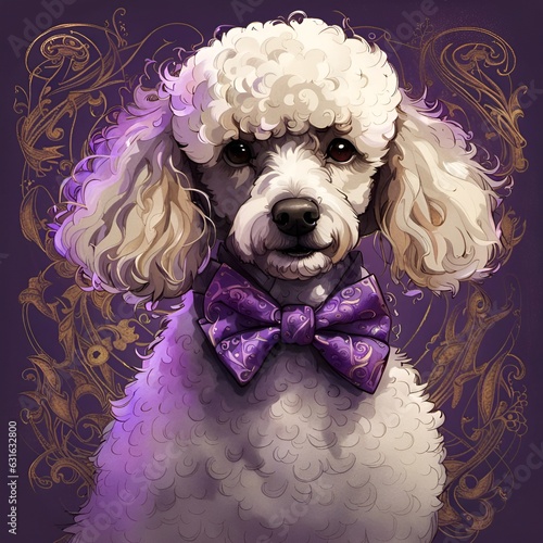 Petey the Grey White Poodle and His Irresistible Puppy Eyes Wearing Purple Bow Tie - Created with Generative AI. photo