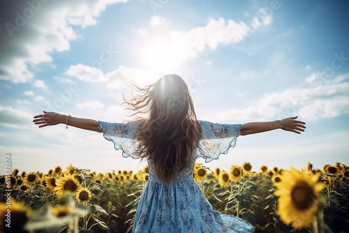 Woman standing in a field full of sunflowers staring up t a sunny sky arms stretched out wide